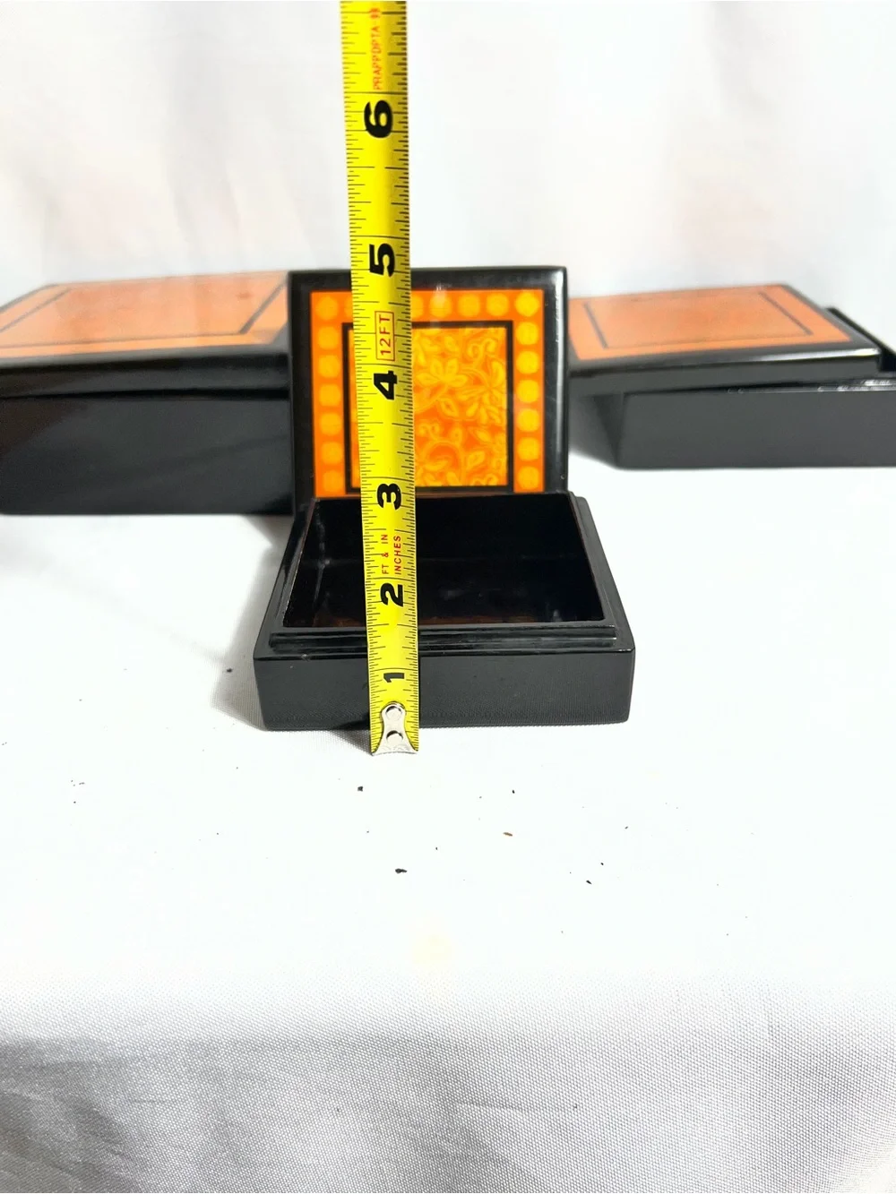 Set Of 3 Black Orange Lacquer Nesting Trinket Boxes Floral Storage Decor